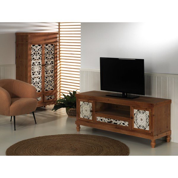 Tavolo TV in legno di abete rosso in colore bianco e naturale 140x58 cm Agrabah - Burkina-image-1