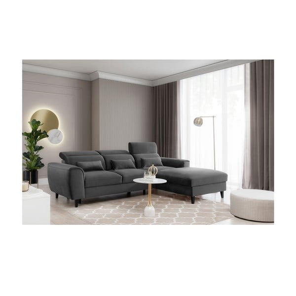 Divano angolare grigio scuro allungabile/con contenitore (con penisola a destra/con chaise lounge) e rivestimento in velluto Foble – ELTAP-image-3
