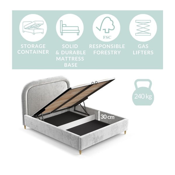 Letto matrimoniale imbottito grigio chiaro con spazio contenitivo e rete 180x200 cm Mija - Maison de Rêve-image-3