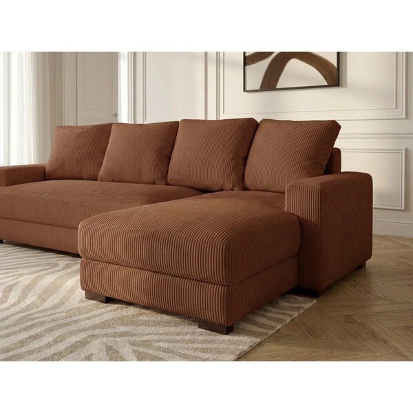 Divano angolare arancione allungabile/con contenitore (con penisola a destra/con chaise lounge) con rivestimento in velluto a coste Campi – Bobochic Paris-image-4
