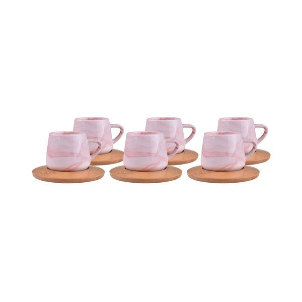 Sada 6 světle růžových porcelánových hrnků s bambusovými podtácky Bambum Ebru