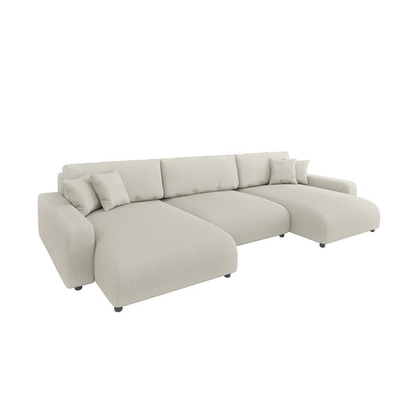 Divano angolare color crema allungabile/con contenitore (a U) con rivestimento in velluto a coste Sara – Ropez