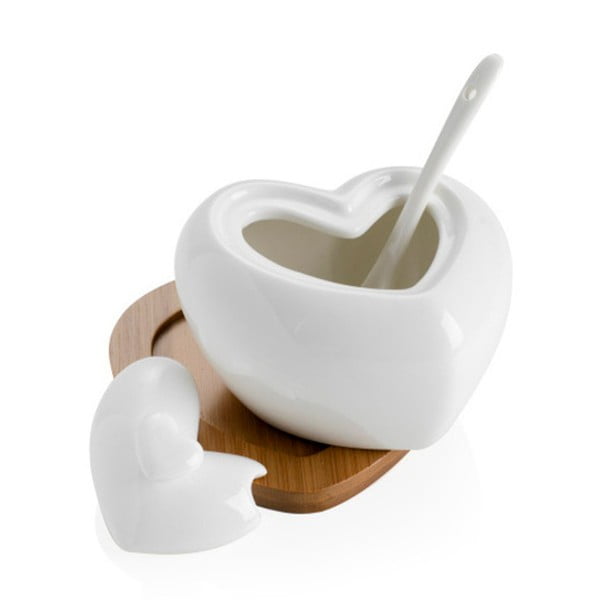 Zuccheriera in porcellana con cucchiaio e sottobicchiere in bambù Cuore - Brandani-image-4