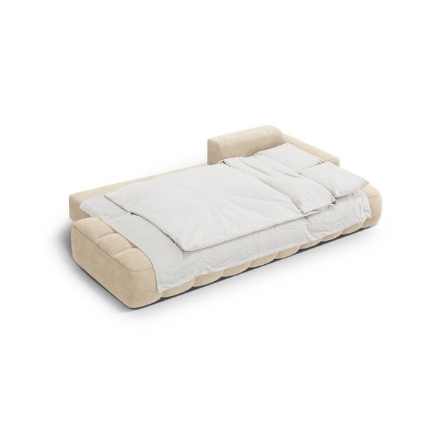 Divano angolare beige allungabile/con contenitore (con penisola a destra/con chaise lounge) con rivestimento in velluto Linz – Cosmopolitan Design-image-4
