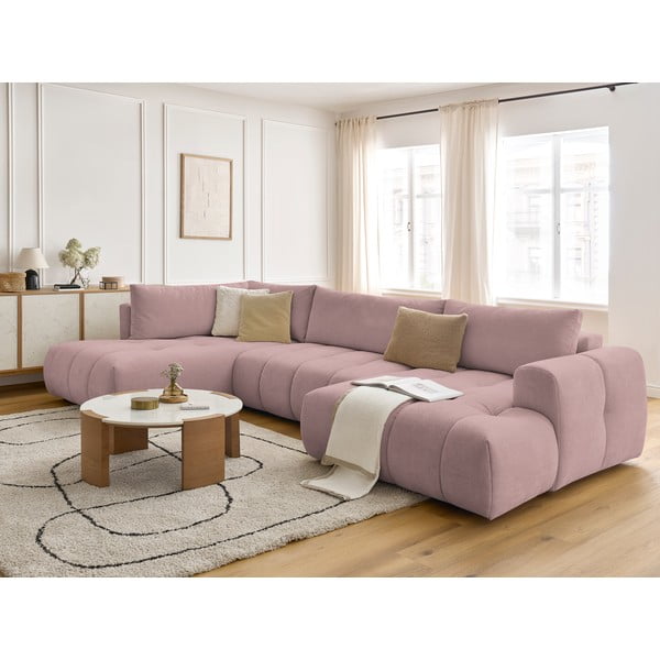 Divano angolare rosa allungabile e con contenitore (penisola a sinistra/a U) con rivestimento in ciniglia Fuji – Bobochic Paris-image-1