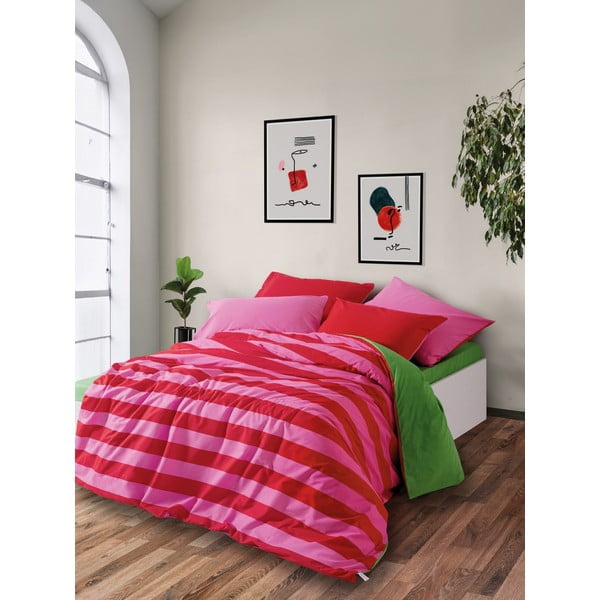 Set copripiumino e federa verde/rosa in cotone renforcé per letto matrimoniale/per letto esteso con lenzuolo incluso/4 pezzi 200x220 cm Cherie – Mijolnir-image-2