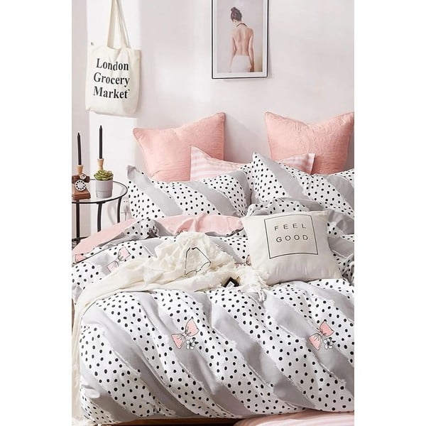 Biancheria da letto in cotone bianca e rosa estesa a quattro pezzi per letto matrimoniale con lenzuolo 200x220 cm Bow and Polka-Dot - Mila Home