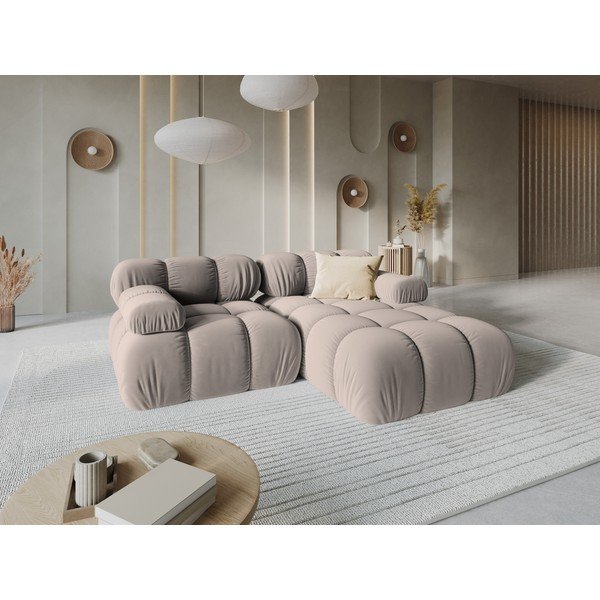 Divano angolare componibile beige (con penisola a destra/con chaise lounge) con rivestimento in velluto – Micadoni -image-1