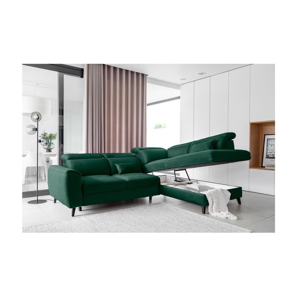 Divano angolare verde allungabile/con contenitore (con penisola a destra/a L) e rivestimento in velluto Noble – ELTAP-image-3