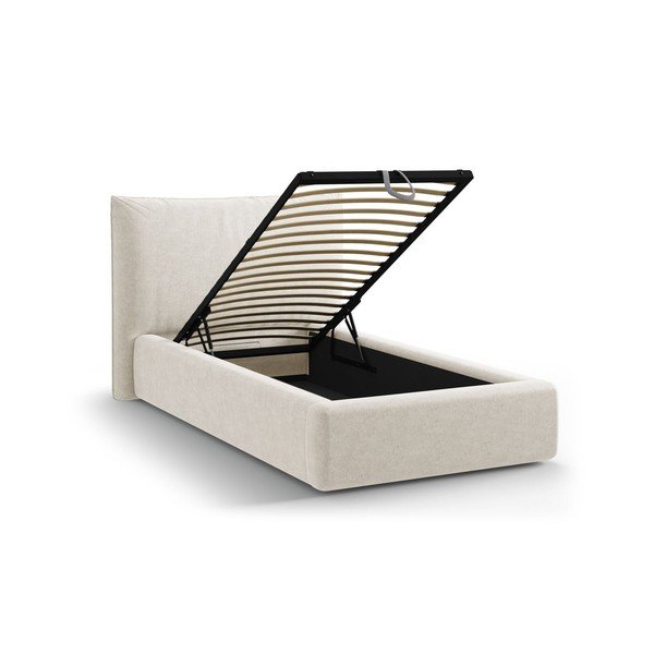 Letto singolo imbottito color crema con contenitore con rete inclusa 90x200 cm Kaelle – Micadoni -image-1