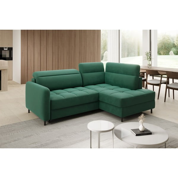 Divano angolare verde allungabile/con contenitore (con penisola a destra/a L) e rivestimento in velluto Barea – ELTAP-image-3