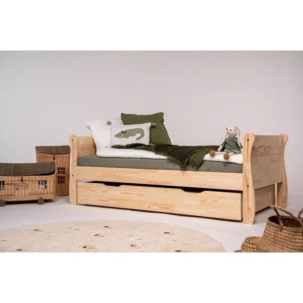 Letto da bambini estraibile di colore naturale in pino massiccio con contenitore e rete inclusi 90x200 cm Roma – Adeko-image-4
