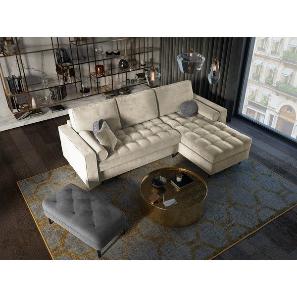 Divano letto angolare in velluto beige, angolo destro Santo - Milo Casa-image-1
