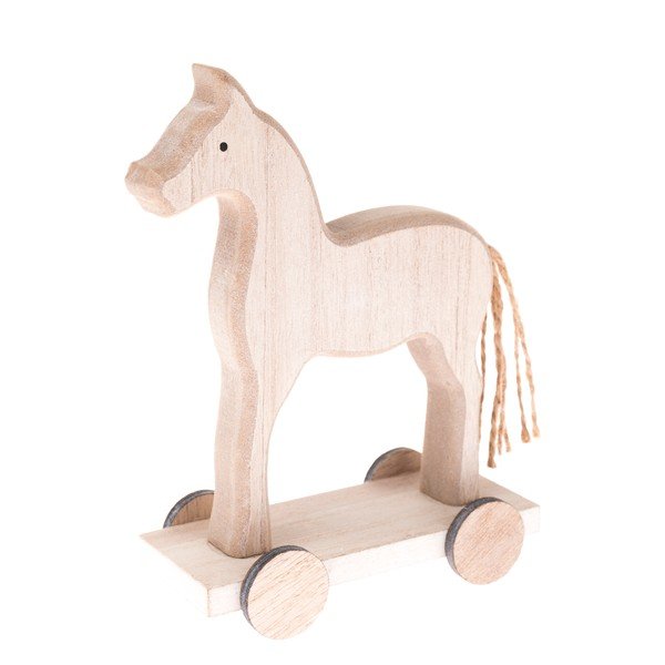 Dřevěná dekorace koníka na kolečkách Dakls, výška 16 cm