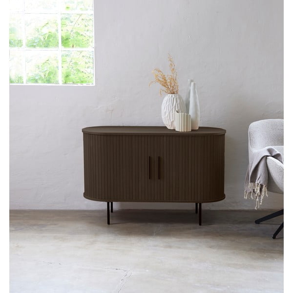 Cassettiera marrone con effetto rovere con ante scorrevoli 120x76x45 cm Nola – Unique Furniture-image-1