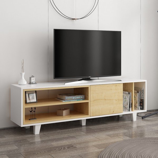 Tavolo TV in rovere bianco/naturale 160x49 cm Rosmar - Kalune Design-image-1
