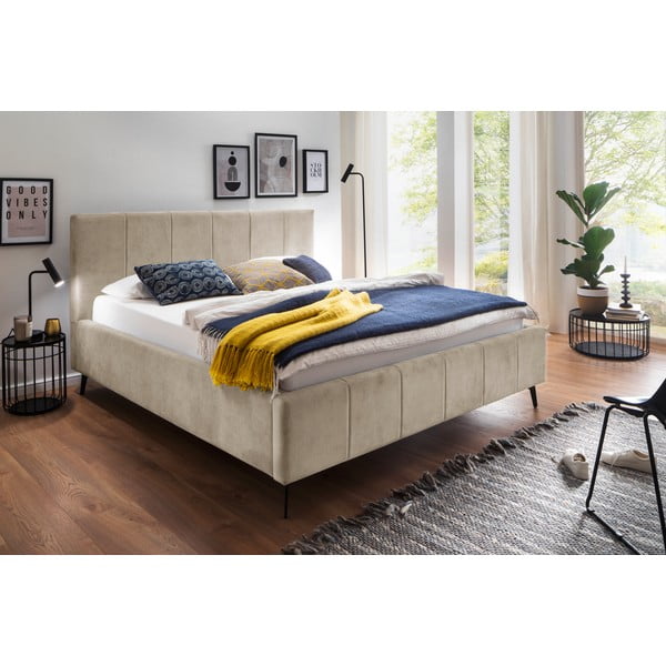 Letto matrimoniale imbottito beige con contenitore con rete inclusa 160x200 cm Lizzano – Meise Möbel-image-1