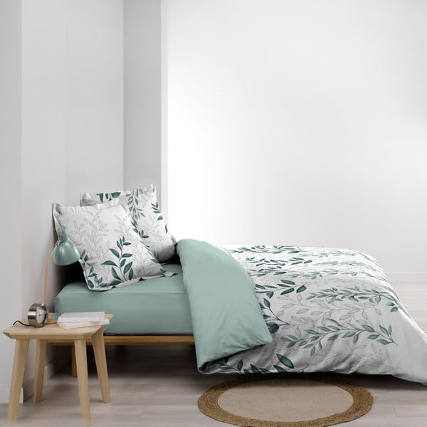 Set copripiumino e federa bianco/verde in percalle di cotone per letto matrimoniale ed esteso 240x220 cm Wendy – douceur d'intérieur-image-1