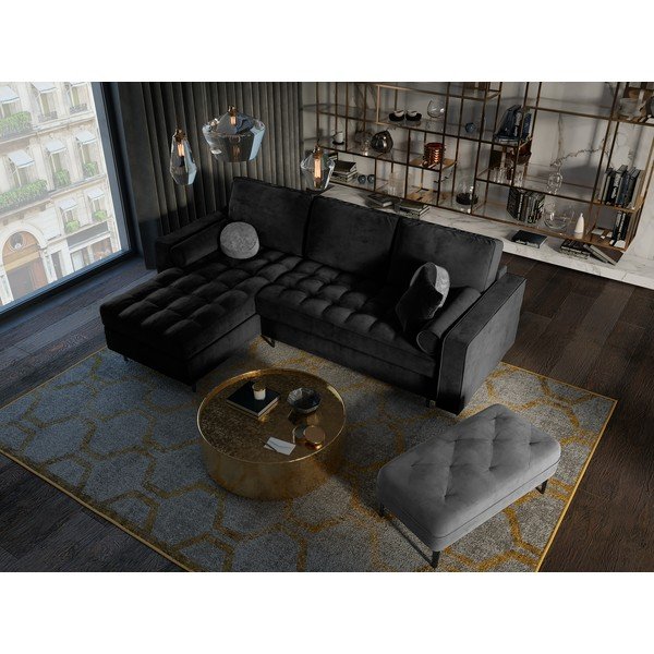 Divano letto angolare in velluto nero, angolo sinistro Santo - Milo Casa-image-1