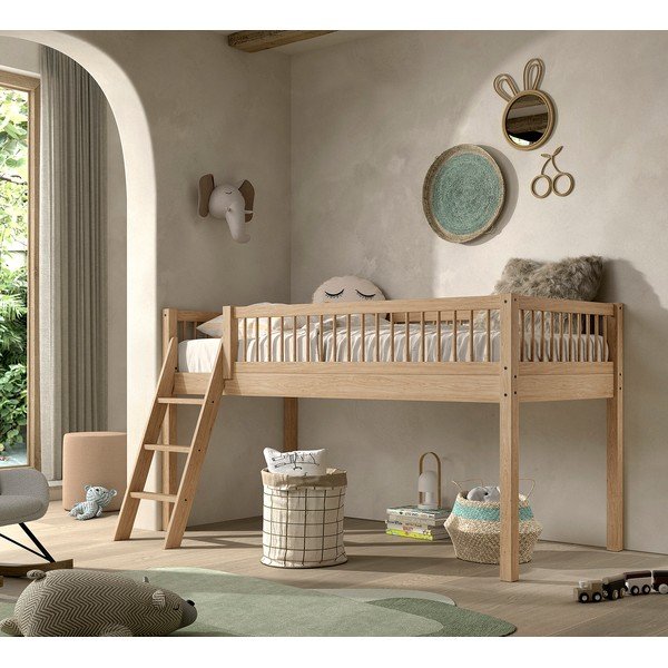 Letto da bambini rialzato di colore naturale in faggio massiccio con rete inclusa 90x200 cm Forrest – Vipack-image-1