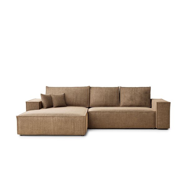 Divano angolare marrone chiaro allungabile/con contenitore (con penisola a sinistra/con chaise lounge) con rivestimento in ciniglia Maze – Maison de Rêve