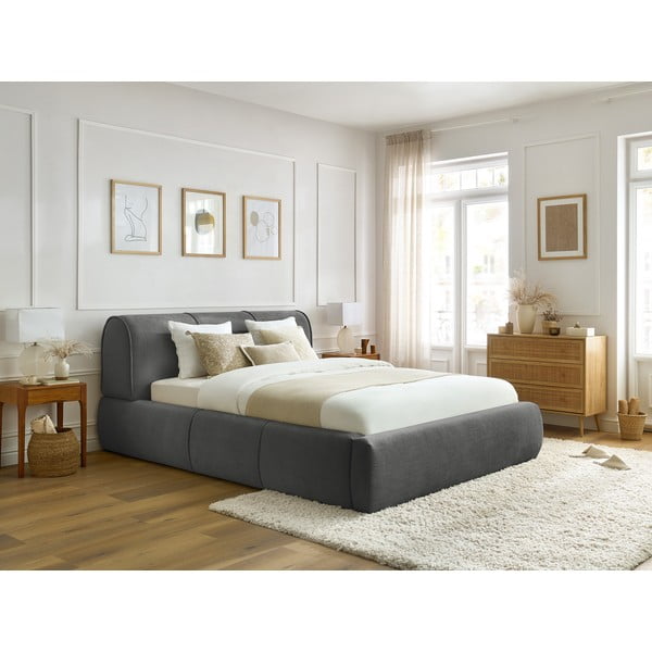 Letto matrimoniale imbottito grigio con contenitore con griglia 180x200 cm Vernon - Bobochic Paris-image-1