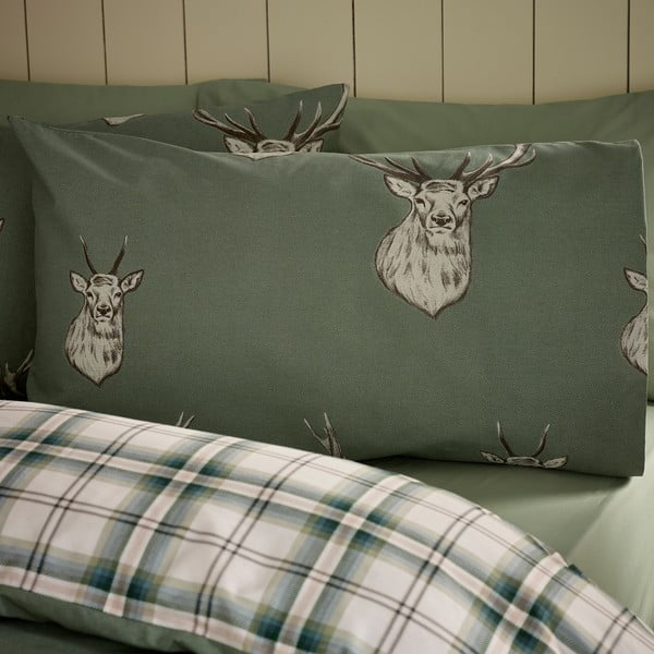 Set copripiumino e federa verde per letto singolo 135x200 cm Stag Check – Catherine Lansfield-image-3