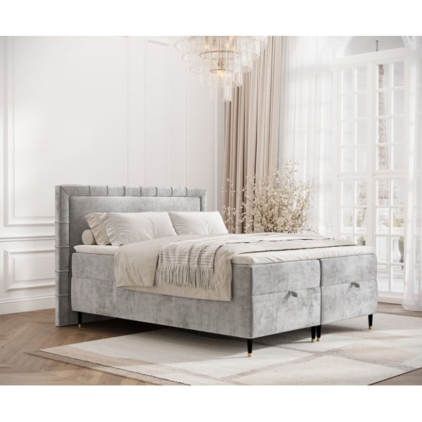 Letto boxspring grigio chiaro con spazio contenitivo 180x200 cm Voyage - Maison de Rêve-image-1