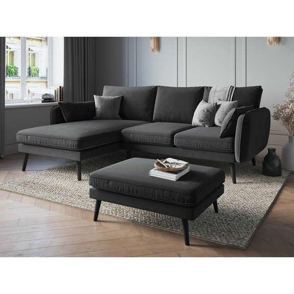 Poggiapiedi in velluto grigio scuro con gambe nere Lento - Kooko Home-image-1