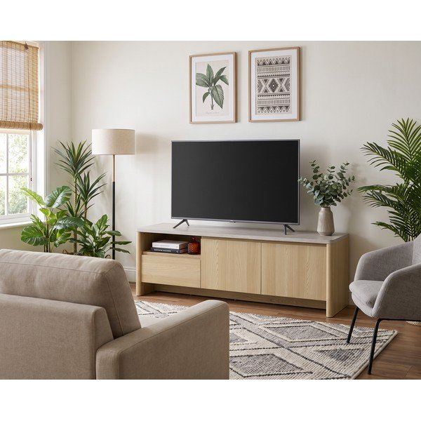 Mobile TV bianco/colore naturale chiaro con effetto rovere 153x50x45 cm Dore – Marckeric-image-1