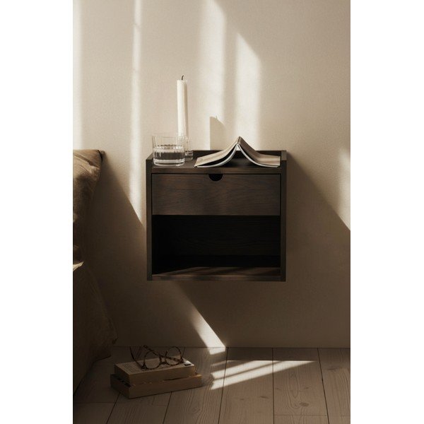 Comodino colore naturale scuro in rovere massiccio da parete/con ripiani Hillmond – Rowico-image-1