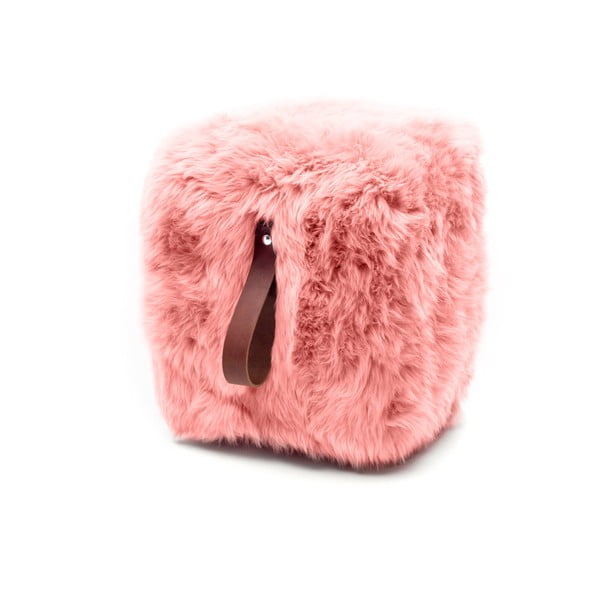 Pouf in pelle di pecora rosa con passante marrone , 45 x 45 cm - Royal Dream