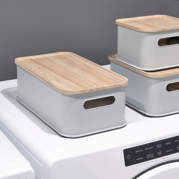 Contenitore grigio con manico e coperchio in legno di paulownia, 21,3 x 43 cm Eco - iDesign-image-1