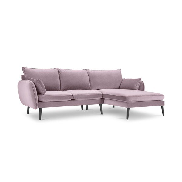 Divano angolare in velluto rosa chiaro con gambe nere, angolo destro Lento - Kooko Home-image-2