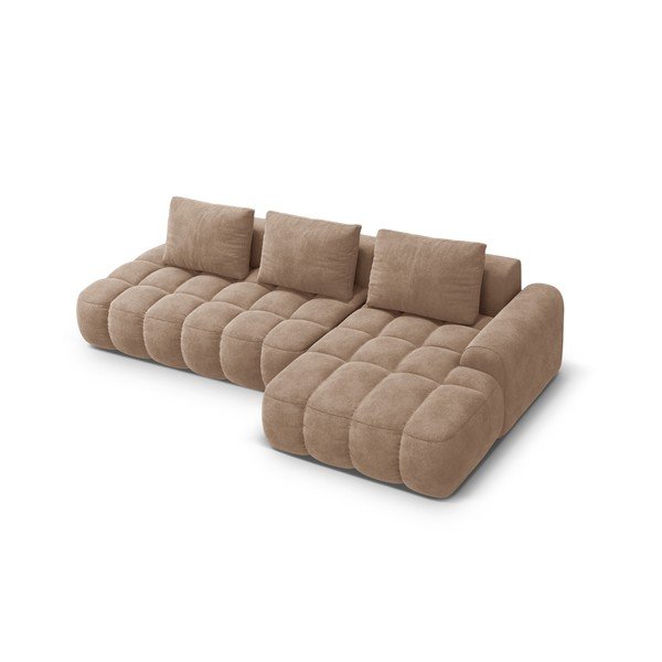 Divano angolare marrone chiaro allungabile/con contenitore (con penisola a destra/con chaise lounge) con rivestimento in velluto Linz – Cosmopolitan Design-image-3
