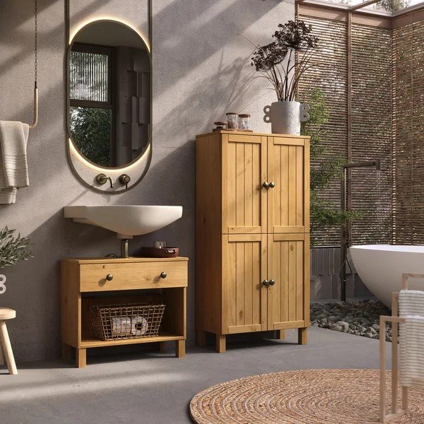 Mobile per bagno colore naturale chiaro in pino massiccio alto 62x125 cm Calle – Støraa-image-1