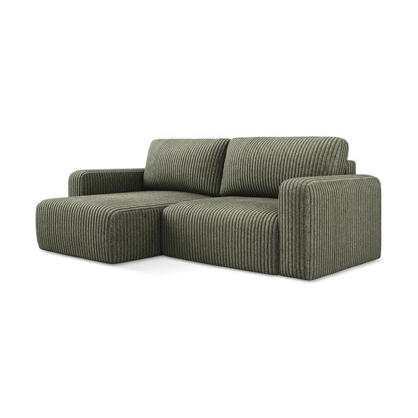 Divano angolare verde allungabile/con contenitore (con penisola a sinistra/con chaise lounge) con rivestimento in velluto a coste Kona – Makamii-image-2