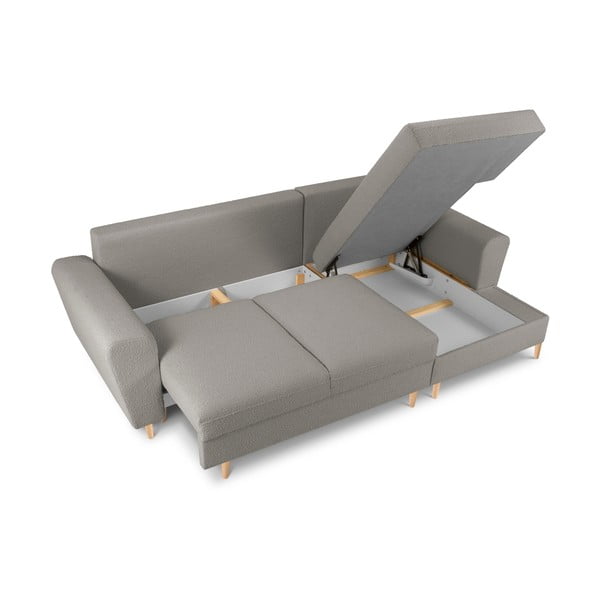 Divano angolare grigio chiaro allungabile e con contenitore (con penisola a destra/con chaise lounge) con rivestimento in bouclé Kyoto – Cosmopolitan Design-image-3
