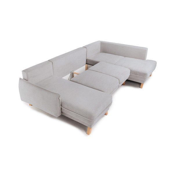 Divano angolare grigio chiaro allungabile/con contenitore (con penisola a destra/a U) con rivestimento in velluto a coste Tori – Bonami Selection-image-2