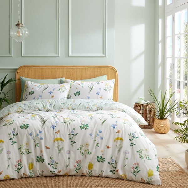 Biancheria da letto bianca/verde in cotone per letto matrimoniale/per letto esteso 230x220 cm Botanical Cottage Garden  – RHS-image-1