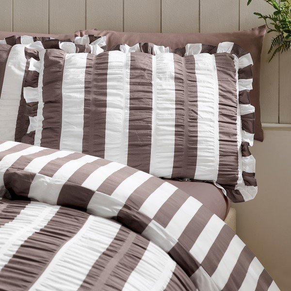 Set copripiumino e federa marrone scuro per letto matrimoniale 200x200 cm Seersucker Frill Stripe – Catherine Lansfield-image-2
