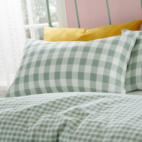 Set copripiumino e federa verde in crêpe per letto matrimoniale e per letto esteso 230x220 cm Seersucker Gingham Check – Catherine Lansfield-image-3