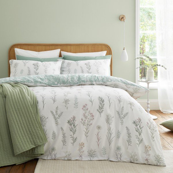 Set copripiumino e federa bianco/verde in percalle di cotone per letto matrimoniale/per letto esteso 3 pezzi 230x220 cm Wild Flowers – Bianca-image-2