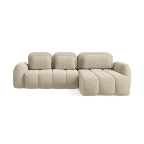 Divano angolare marrone chiaro allungabile/con contenitore (con penisola a destra/con chaise lounge) con rivestimento in bouclé Pele – Makamii