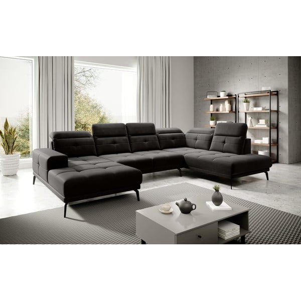 Divano angolare nero (con penisola a destra/a U) e rivestimento in velluto Bretan – ELTAP-image-1