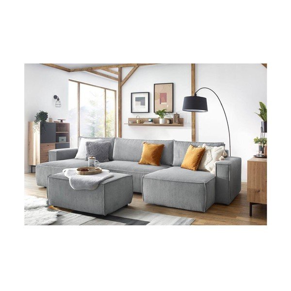 Sgabello in velluto a coste grigio chiaro Nihad - Bobochic Paris-image-1