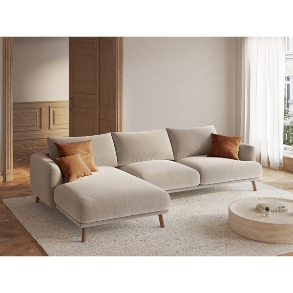 Divano angolare beige (con penisola a sinistra/con chaise lounge) con rivestimento in velluto Naomi – Micadoni -image-1