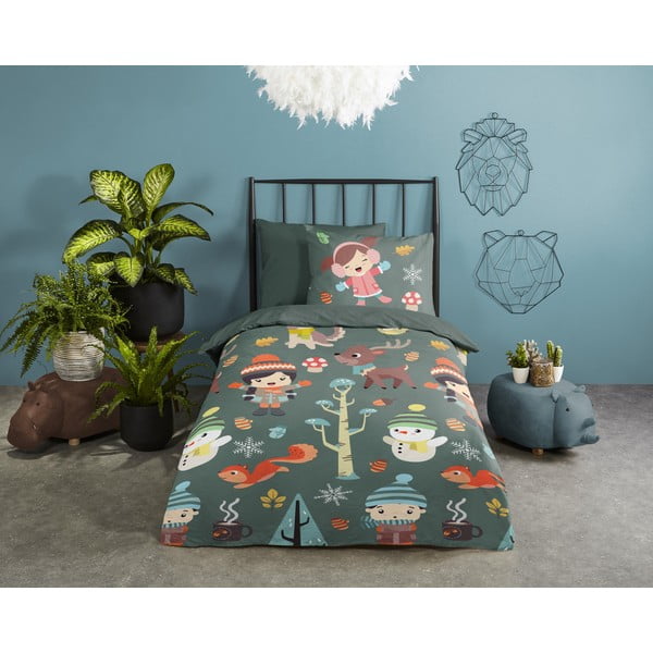 Set copripiumino e federa da bambini verde scuro in cotone per letto singolo ed esteso 140x220 cm Fun – Good Morning-image-1