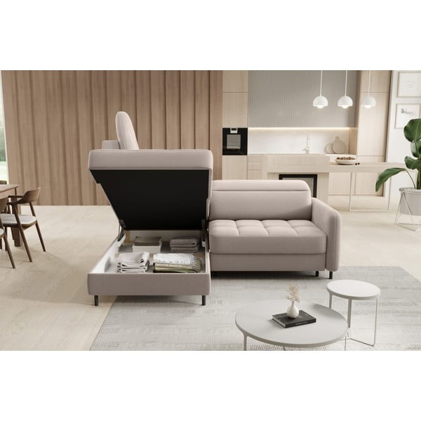 Divano angolare marrone chiaro allungabile/con contenitore (con penisola a sinistra/a L) e rivestimento in velluto Barea – ELTAP-image-4