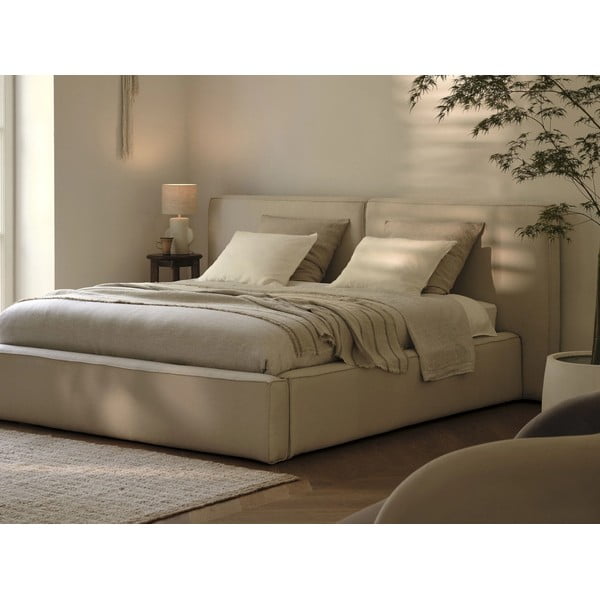 Letto matrimoniale imbottito beige con contenitore e rete inclusi 140x200 cm Arendal - Cosmopolitan Design-image-1